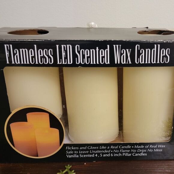 New Flameless LED Vanilla Scented Graduated Ivory Wax Pillar Candle Set of 3 - Picture 4 of 8